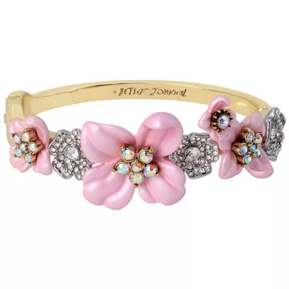 New! BETSEY JOHNSON Pink and Iridescent Rhinestone Floral Bangle Bracelet.